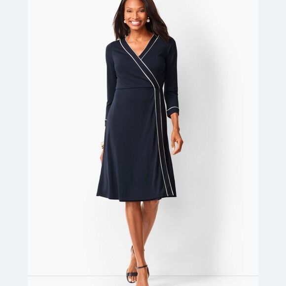 TALBOTS Navy with white contrast piping trim faux wrap dress, fully lined, sz S - Picture 1 of 15